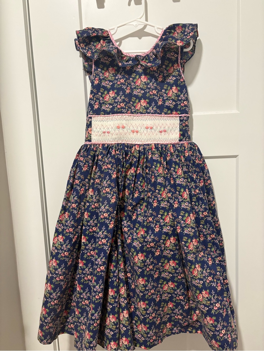 Girls' Navy Floral Smocked Waist Dress with Pink Accents